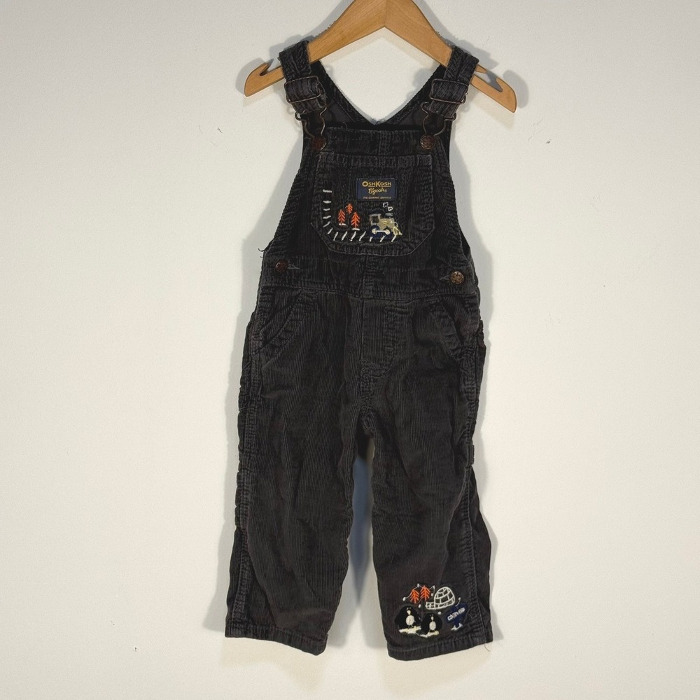 OshKosh Bgosh Vintage Gray Corduroy Overalls Train Penguin 12 Months B80001